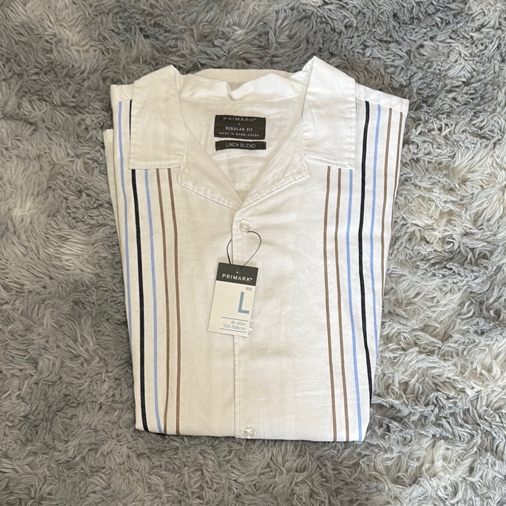 Primark Men's Striped Linen Shirt - White, Blue, Brown